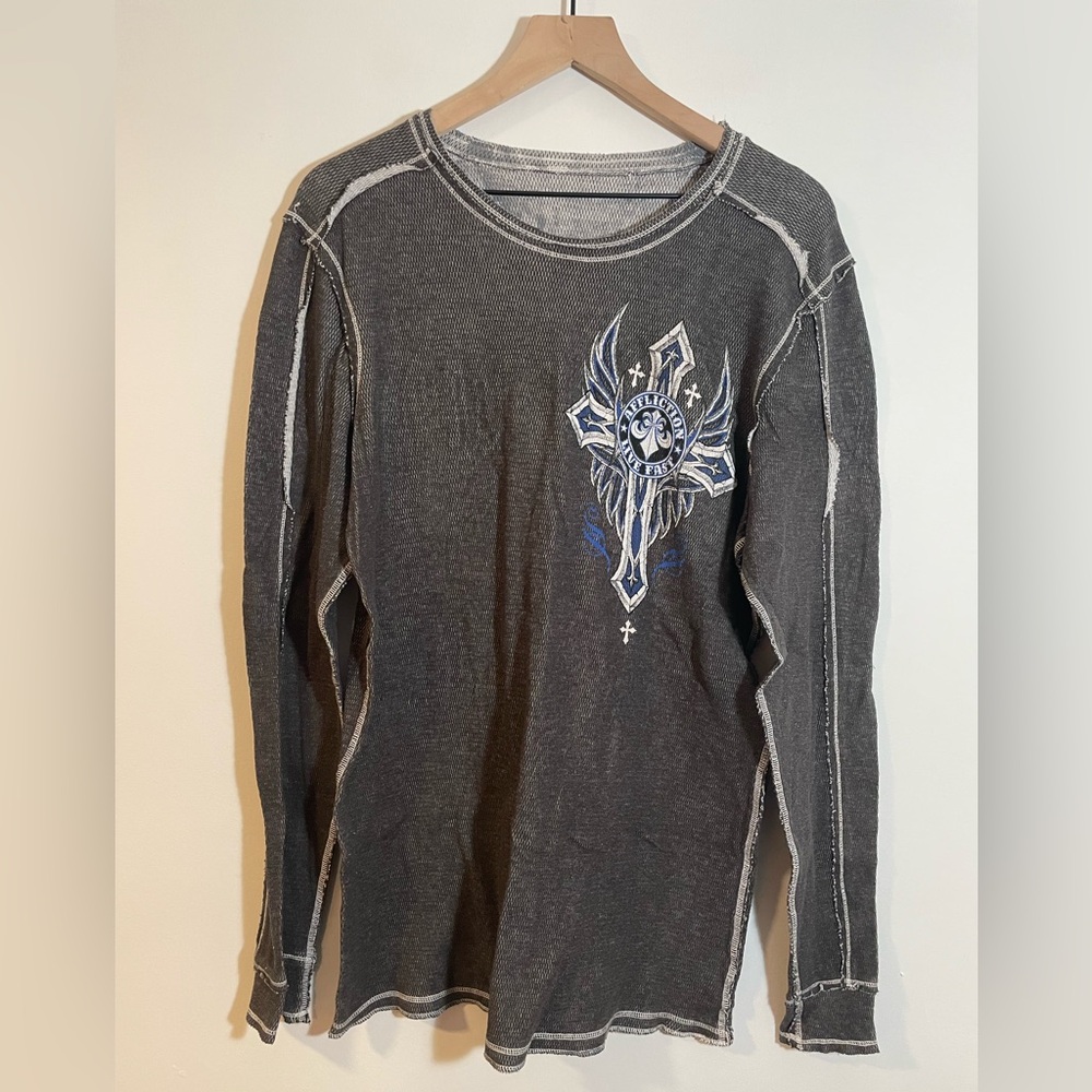VTG Affliction Y2K Reversible Long Sleeve Gray Shirt Large Grunge Cross Wings